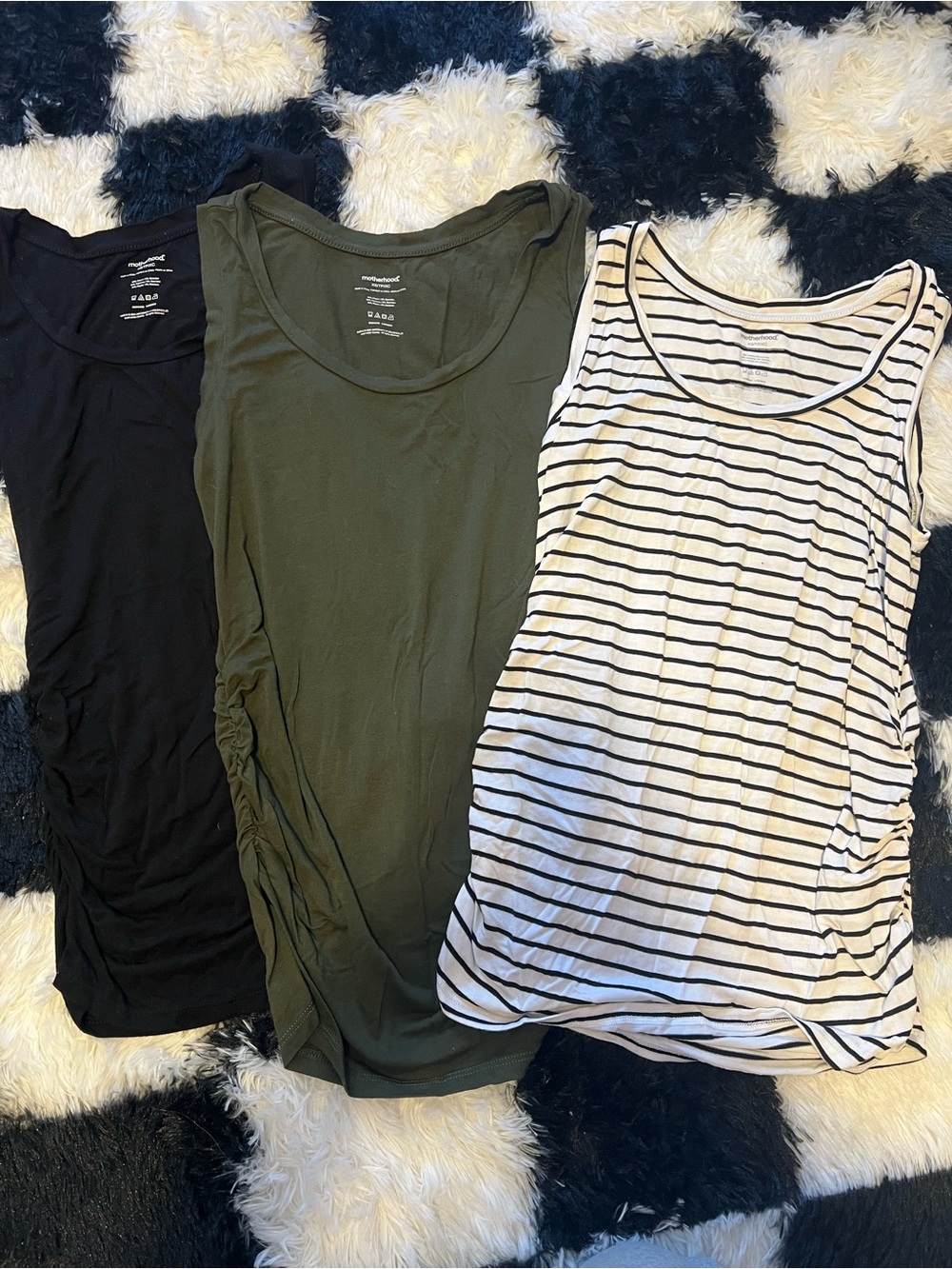 Motherhood Trio Ruched Side Maternity Tank Tops — Olive, Black & Striped